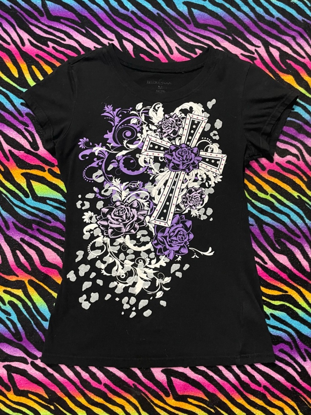 Y2k Affliction Black ShortSleeve baby Tee with Purple Floral Cross Graphic